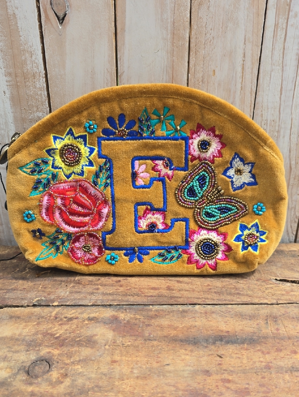 America & Beyond Velvet Embellished Initial Pouch